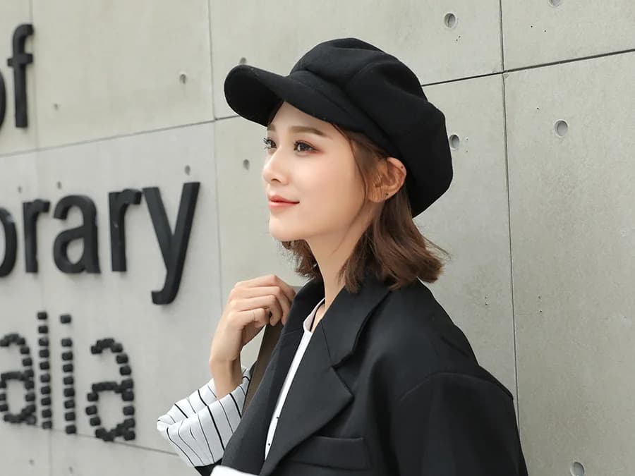 Casquette Gavroche Pour Femme en Laine (Modèle: Noir)