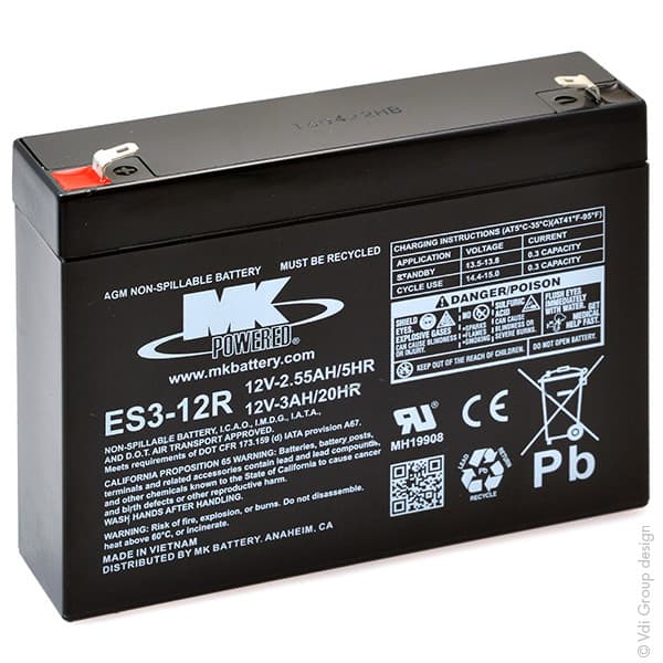 MK Powered - Batterie plomb AGM ES3-12R 12V 3Ah F4.8