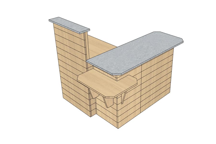 Comptoir d'Encaissement en "L" (droite) Bois Vieilli avec PMR d'angle et Plateaux Inox