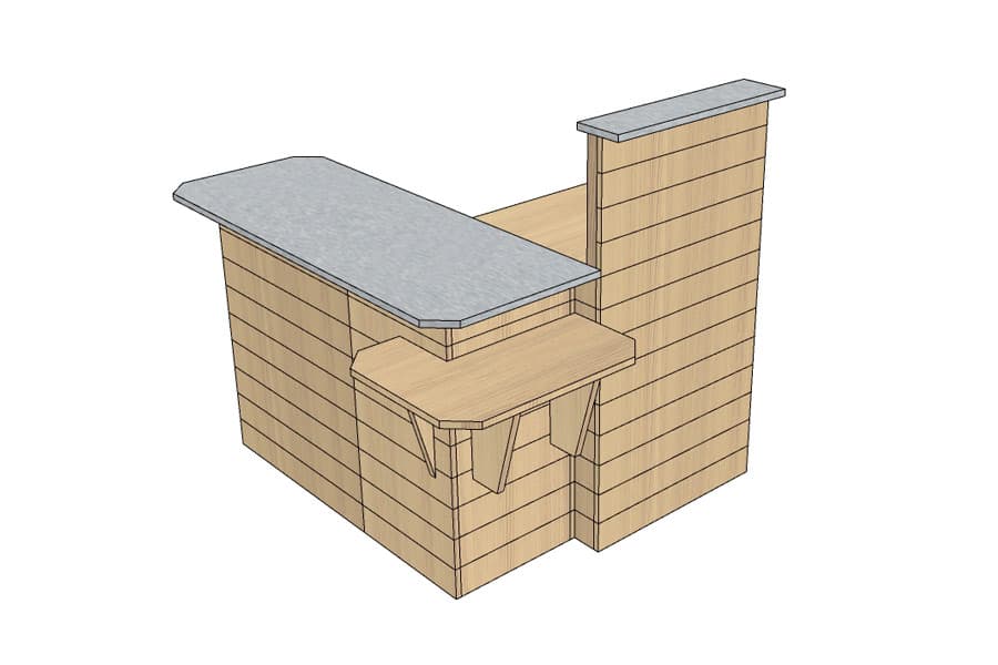 Comptoir d'Encaissement en "L" (gauche) Bois Vieilli avec PMR d'angle et Plateaux Inox