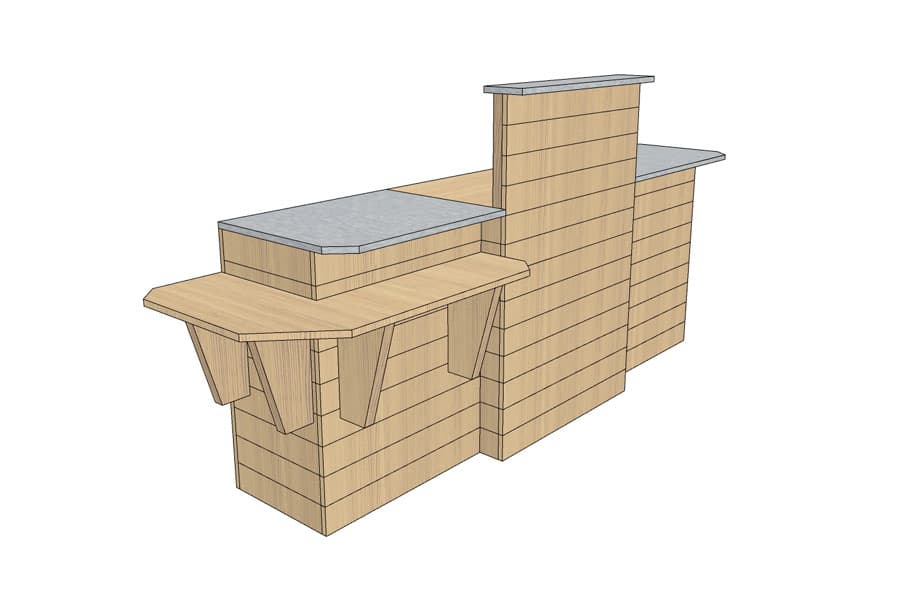 Comptoir d'Encaissement en Ligne 265 cm Bois Vieilli avec PMR d'Angle et Plateaux Inox