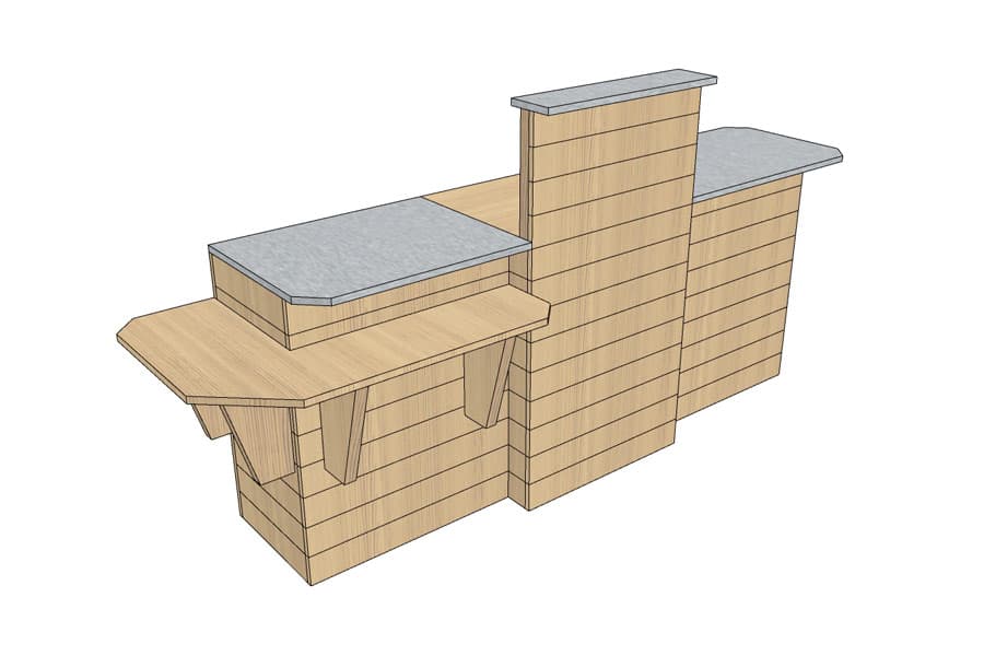 Comptoir d'Encaissement en Ligne 250 cm Bois Vieilli avec PMR d'Angle et Plateaux Inox