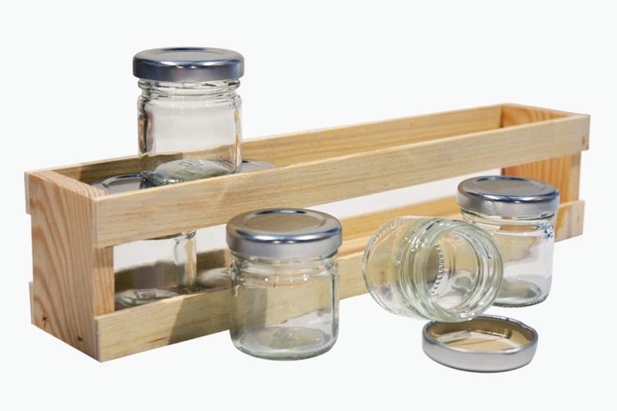Coffret de présentation en bois avec 6 pots en verre