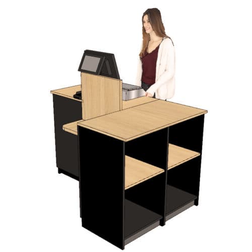 Comptoir caisse 1 poste en L (G) avec dosseret + tablette PMR (LIVRÉ MONTÉ)