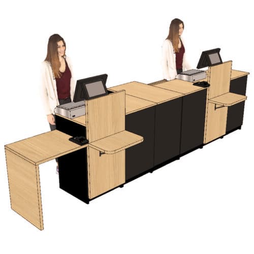 Comptoir caisse 2 postes avec dosseret PMR + arche PMR droite