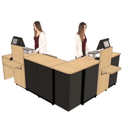 Comptoir caisse 2 postes en L avec dosseret + arche PMR droite