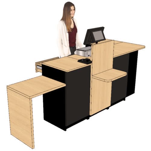 Comptoir caisse 1 poste avec retour (G) dosseret + arche PMR (D)