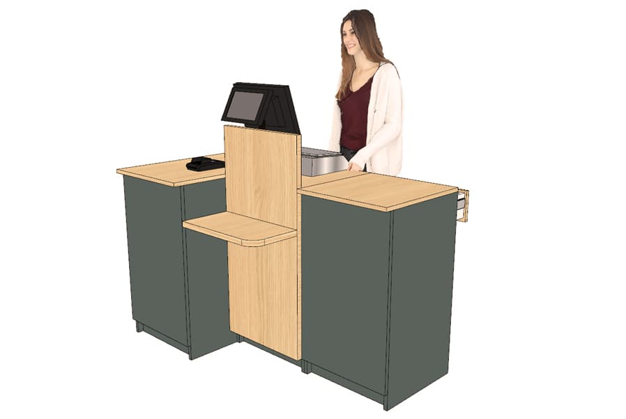 Comptoir caisse 1 poste avec dosseret + tablette PMR (livré monté).