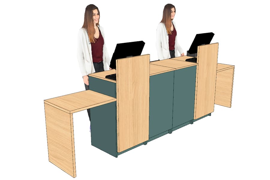 Comptoir caisse 2 postes avec dosseret + double arche PMR (livré monté)