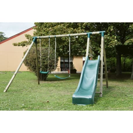 Balançoire en Bois Comanche avec Toboggan 2 Balançoires et 1 Vis-à-vis - 330 x 260 x 230 cm