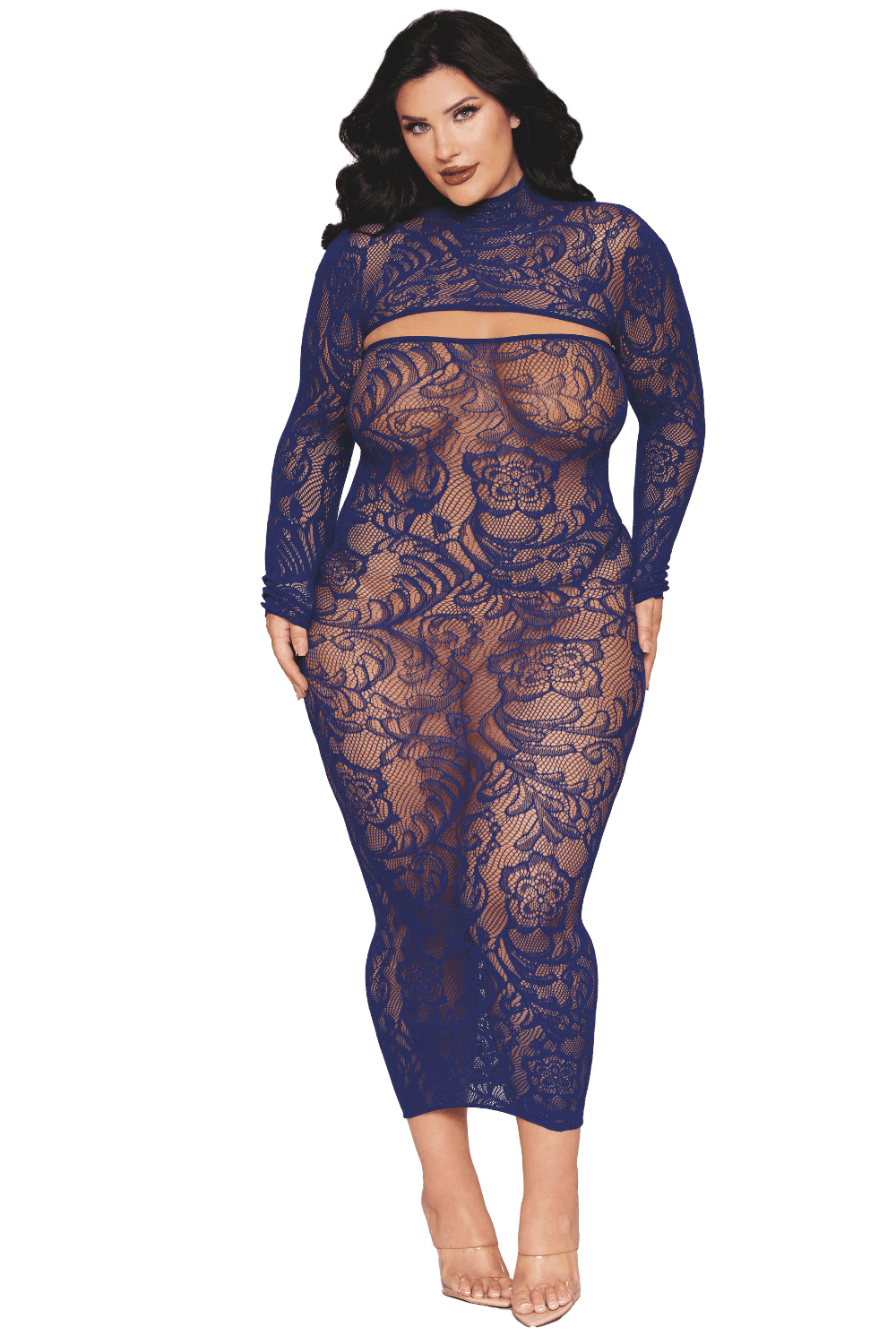Ensemble 2 pièces grande taille top manches longues et robe bleu marine - DG0525XECL