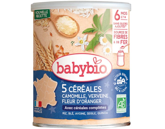 BABYBIO 5 Céréales Camomille Verveine Fleur d'Oranger - 220 g - Dès 6 mois