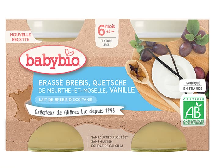 BABYBIO Petits Pots Brassés Lactés - 2 x 130 g - Dès 6 mois Brebis Quetsche Vanille