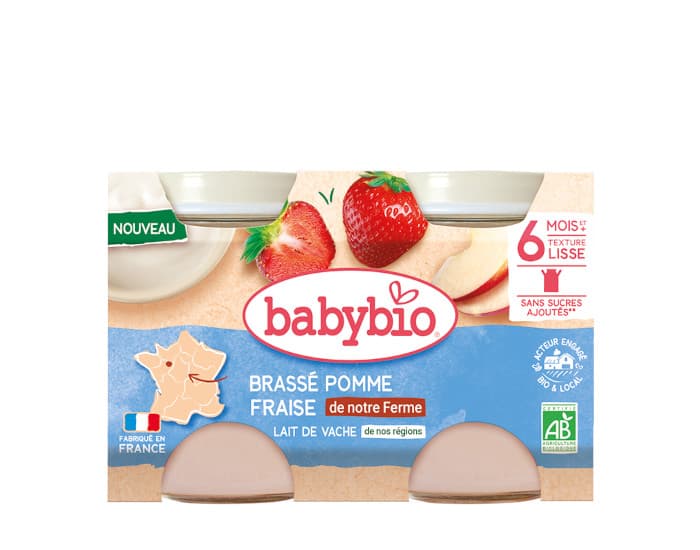 BABYBIO Petits Pots Brassés Lactés - 2 x 130 g - Dès 6 mois Vache Pomme Fraise des fermes