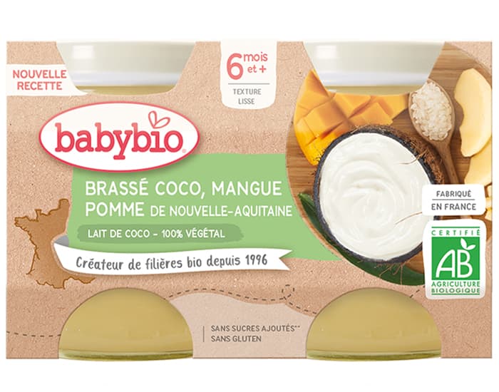 BABYBIO Petits Pots Brassés Végétaux - 2 x 130 g - Dès 6 mois Coco Mangue Pomme