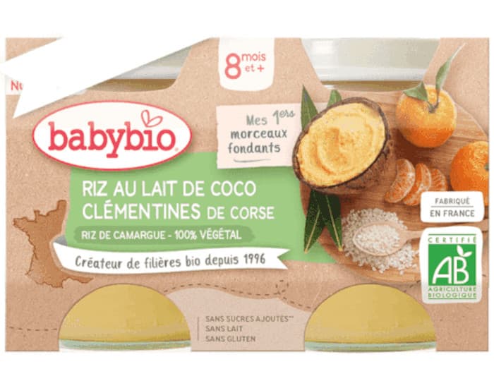BABYBIO Petits Pots Brassés Végétaux - 2 x 130 g - Dès 6 mois Riz au Lait de Coco Clémentines de Corse