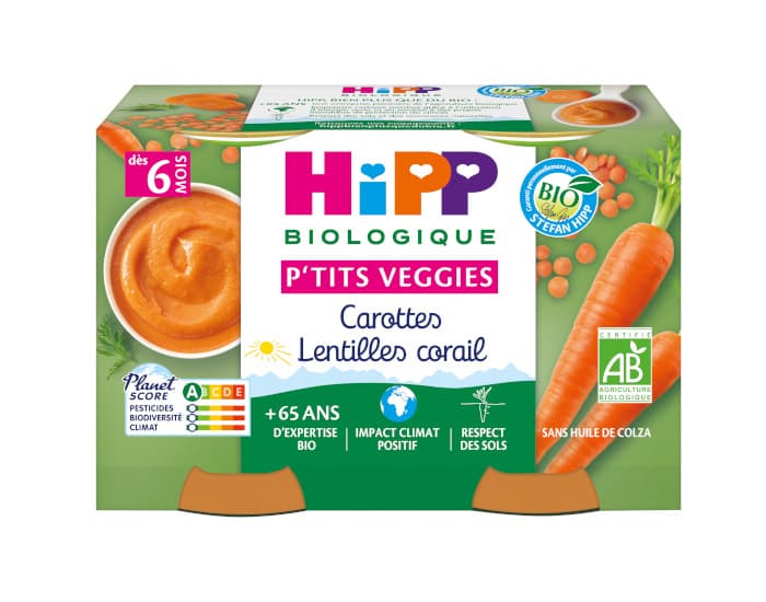 HIPP Ptits Veggies - Dès 6 mois - 2 x 125 g Carottes - Lentilles Corail