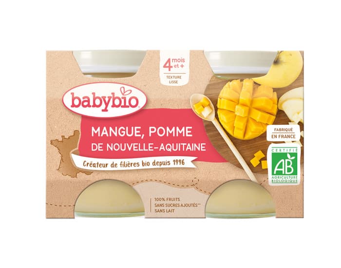 BABYBIO Mes Fruits - 2 x 130 g Pomme d'Aquitaine et Mangue - 4 mois
