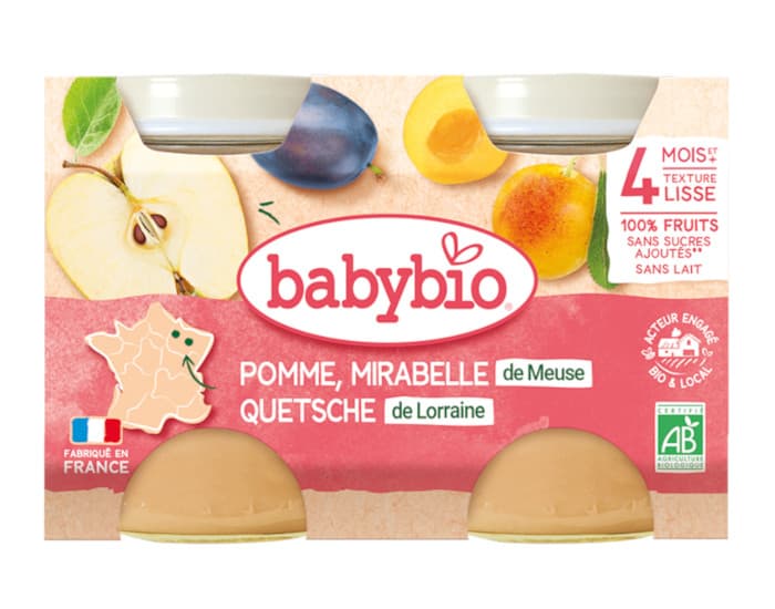 BABYBIO Mes Fruits - 2 x 130 g Pomme d'Aquitaine Mirabelle et Quetsche - 4 mois