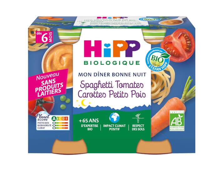 HIPP Mon Diner Bonne Nuit - 2 x 190 g Spaghetti Tomates Carottes Petits Pois - 6M