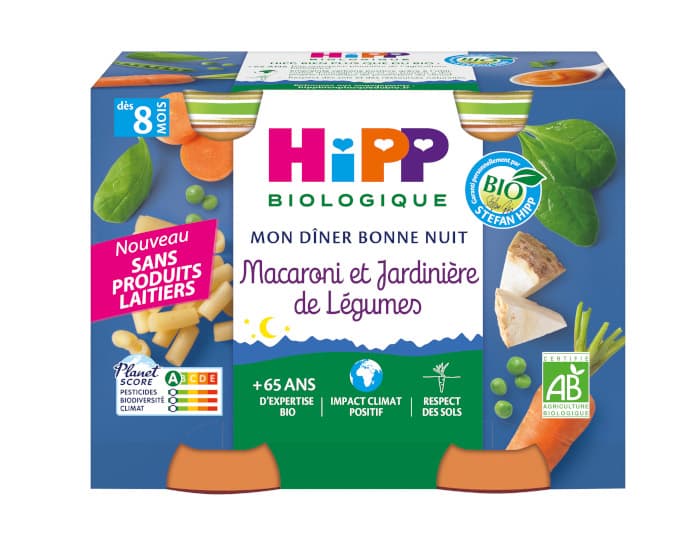HIPP Mon Diner Bonne Nuit - 2 x 190 g Macaroni et Jardinière de Légumes - 8M