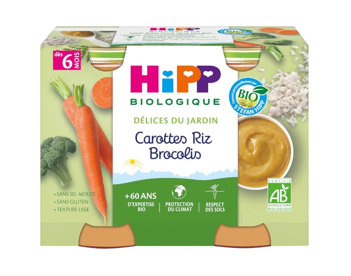 HIPP Délices du Jardin - 2 x 190 g Carottes - Riz - Brocolis - 6M