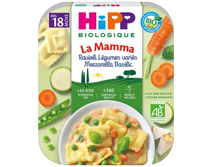 HIPP Pâtes à l'Italienne de la Mamma- Assiette 250 g - Dès 15 et 18 mois Ravioli Légumes variés Mozzarella Basilic - 18M