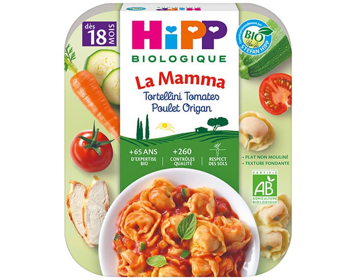 HIPP Pâtes à l'Italienne de la Mamma- Assiette 250 g - Dès 15 et 18 mois Tortellini Tomates Poulet Origan - 18M