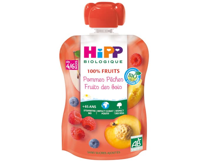 HIPP Gourde 100% Fruits - Dès 4 Mois - 90g Pomme Pêche Fruits des Bois