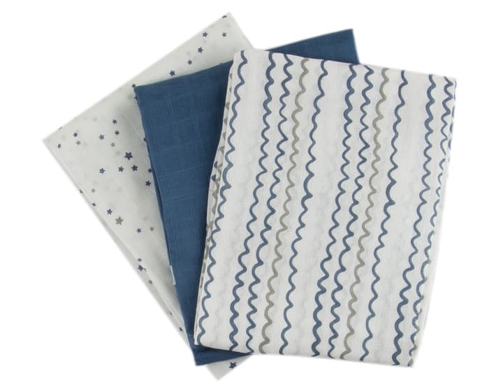 IOBIO Lot de 3 Langes Légers en Coton Bio - Starry Sea - 70 x 70 cm