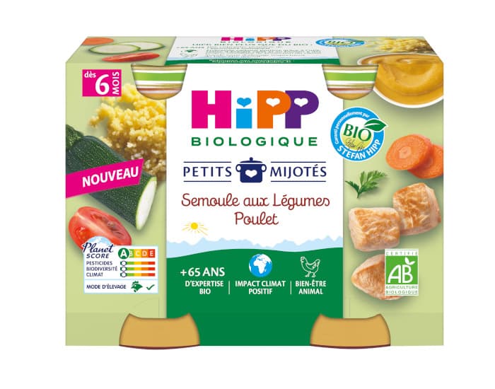 HIPP Les Petits Mijotés - 2 x 190 g Semoule aux Légumes Poulet - 6M