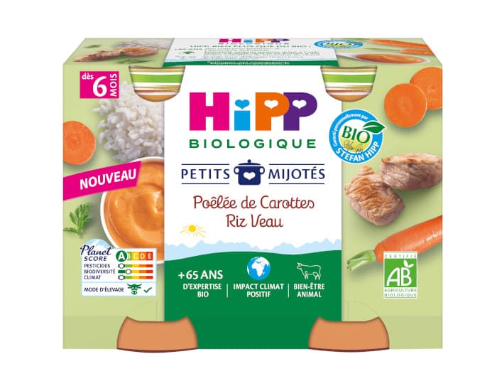 HIPP Les Petits Mijotés - 2 x 190 g Poêlée de Carottes Riz Veau - 6M