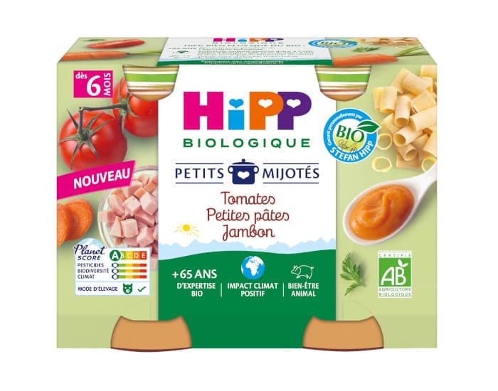 HIPP Les Petits Mijotés - 2 x 190 g Tomates Petites pâtes Jambon - 6M