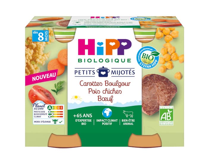 HIPP Les Petits Mijotés - 2 x 190 g Carottes Boulgour Pois chiches Boeuf - 8M