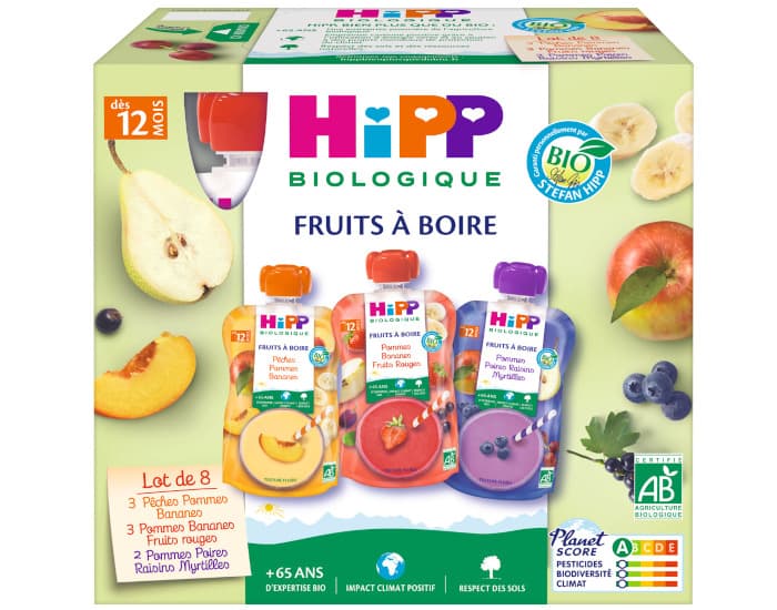 HIPP Gourdes Fruits à Boire Multipack 3 Variétés - 8 x 120 ml - Dès 12 mois