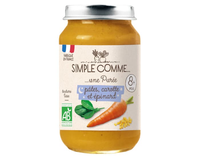 SIMPLE COMME Petits Pots Bonne Nuit - 200g - Dès 8 Mois Pâtes Carotte Epinard