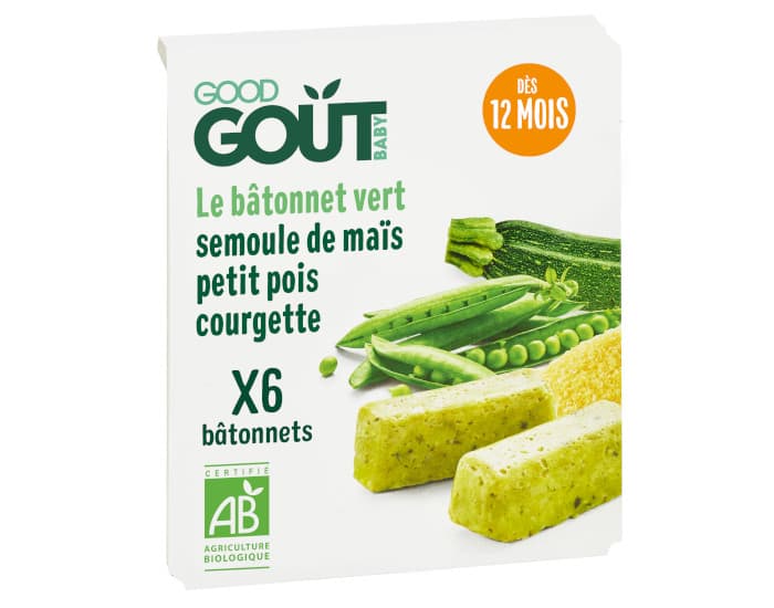 GOOD GOUT Bâtonnet Vert Bébé Petit Pois, Courgette, Semoule de Maïs - 120 g - Dès 12 mois