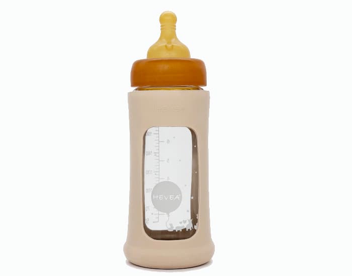HEVEA Biberon en Verre Zéro Plastique avec Housse de Protection - 250 ml Sable