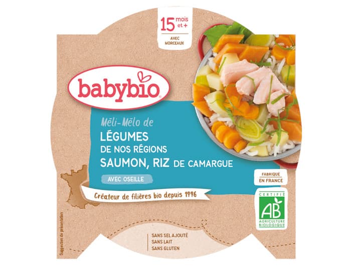 BABYBIO Mon p'tit Plat Assiette - 230 g ou 260 g Méli-Mélo de Légumes au Saumon - Riz - 15 M