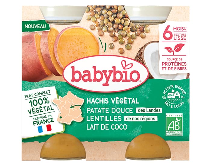 BABYBIO Petits Pots Menu Végétal - 2 x 200 g - Dès 6 à 8 mois Hachis Végétal - Patate Douce Lentilles Lait de coco - Dès 6 mois