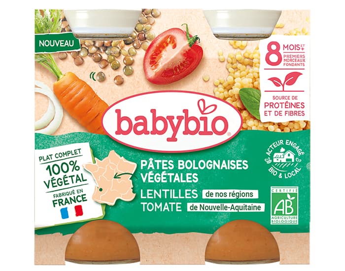 BABYBIO Petits Pots Menu Végétal - 2 x 200 g - Dès 6 à 8 mois Pâtes Bolognaises Végétales - Carottes Lentilles Tomates - Dès 8 mois