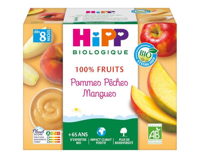 HIPP 100% Fruits - 4 x 100 g Pommes PĂŞches Mangues - 8M