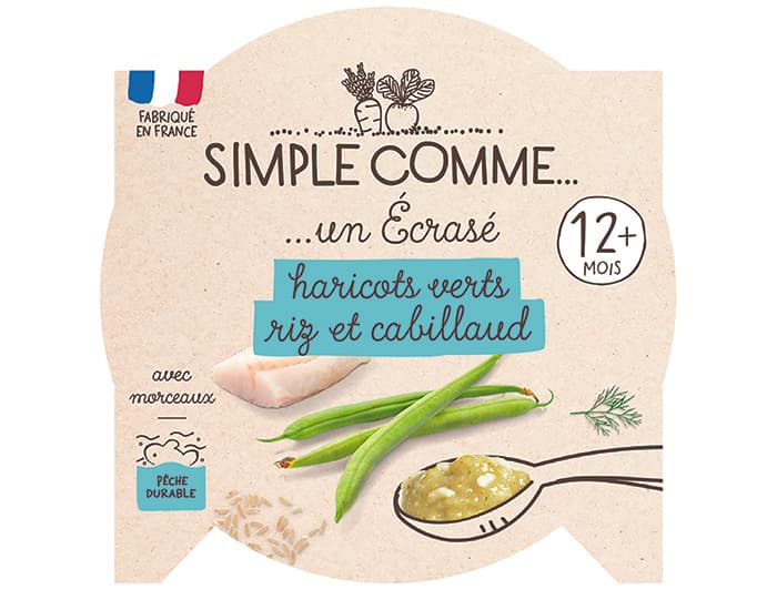 SIMPLE COMME Assiette - Dès 12 mois - 200 g Haricots Verts Cabillaud Riz