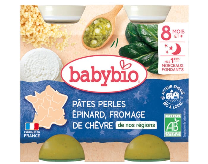 BABYBIO Petits Pots Bonne Nuit - 2x200g - Dès 6 mois Pâtes Perles - Epinard et Fromage de Chèvre - 8M