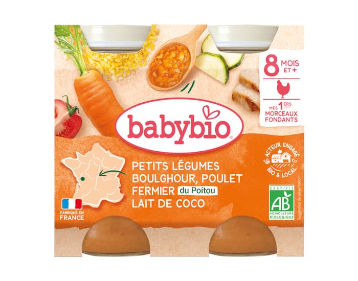 BABYBIO Petits Pots Menu du Jour - 2x200g - Dès 8 mois Boulghour, Poulet fermier, Lait de coco - 8 mois