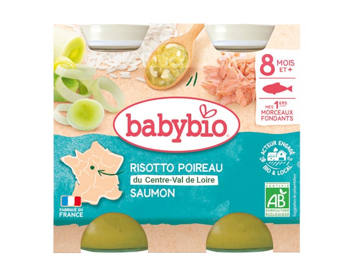 BABYBIO Petits Pots Menu du Jour - 2x200g - Dès 8 mois Risotto, Poireaux, Saumon - 8 mois