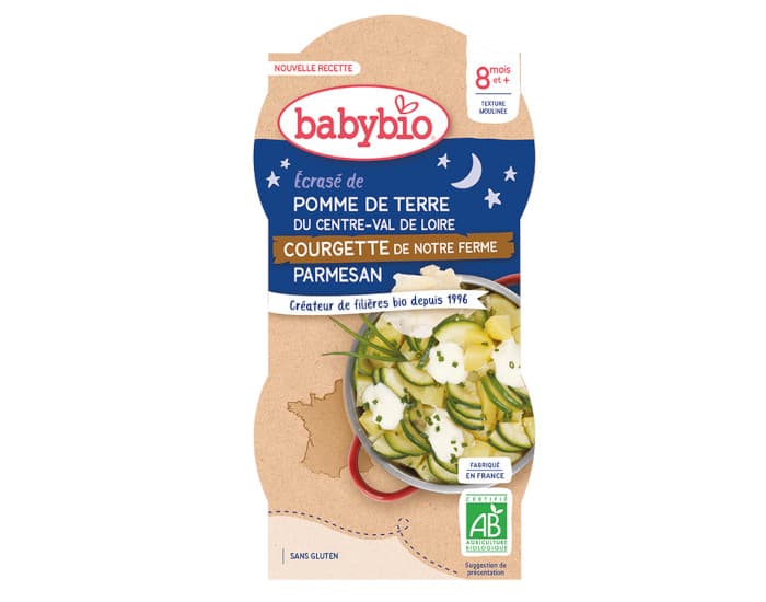 BABYBIO Bols Bonne Nuit - 2 x 200 g Écrasé de Pommes de Terre et Courgettes - 8 mois