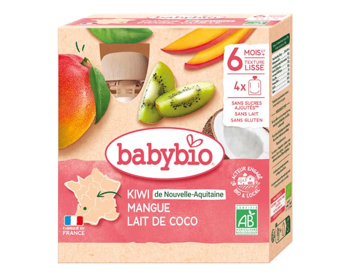BABYBIO Gourdes - 4x90g - Dès 6 mois Kiwi - Mangue - Lait de Coco