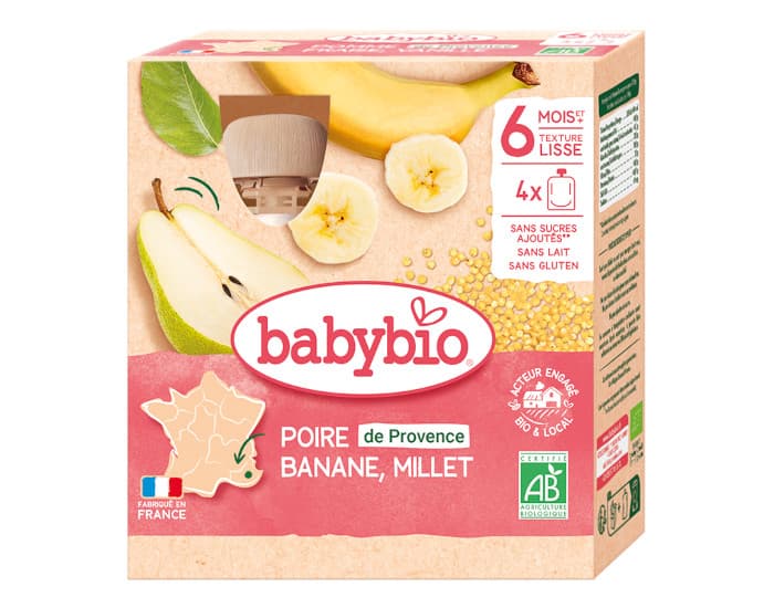 BABYBIO Gourdes - 4x90g - Dès 6 mois Poire - Banane - Millet