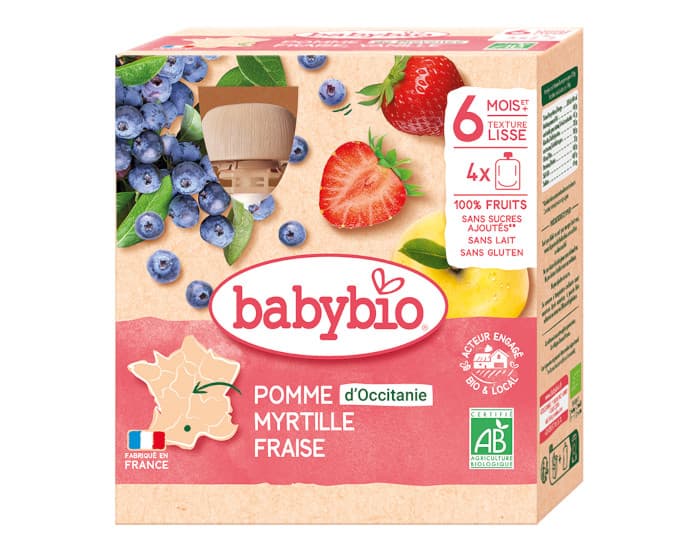 BABYBIO Gourdes - 4x90g - Dès 6 mois Pomme - Myrtille - Fraise